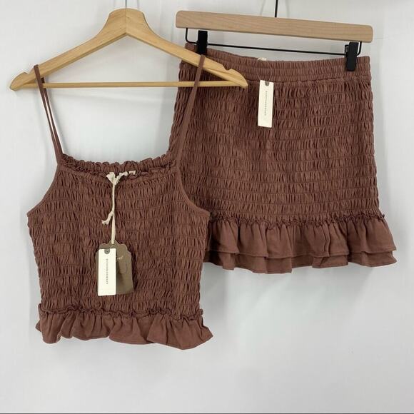 NEW Anthropologie 2 Piece Forever That Girl Smocked Ruffle Skirt Set Brown sz S - Picture 4 of 8